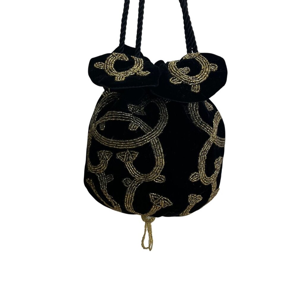 Black Velvet Drawstring Pouch Bag With Gold Beaded Design & Braided Shoulder Str
